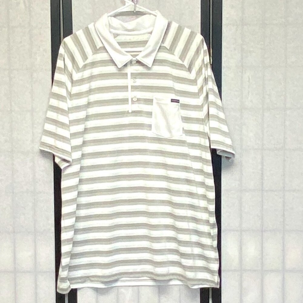 Oakley XXL Polo Golf Shirt Stripe Grey White Short Raglan Sleeve 3-Button Pocket